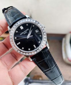 Replica PATEK PHILIPPE Calatrava ZF 5298p Date Sweep Seconds in Diamond Bezel Black Dial ZF factory