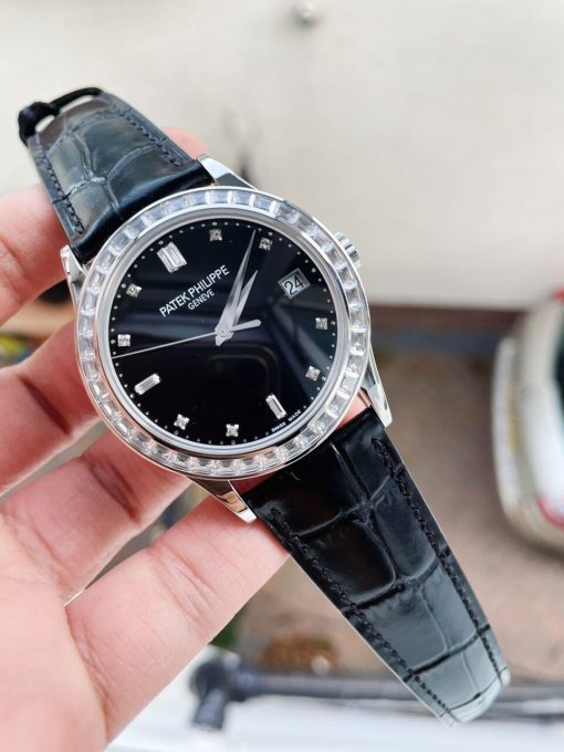 Replica PATEK PHILIPPE Calatrava ZF 5298p Date Sweep Seconds in Diamond Bezel Black Dial ZF factory