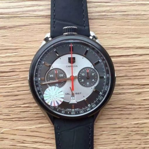 Replica Tag Heuer Carrera 1887 Chrono V6F Gray/Silver Dial Black Leather Strap CAL1887