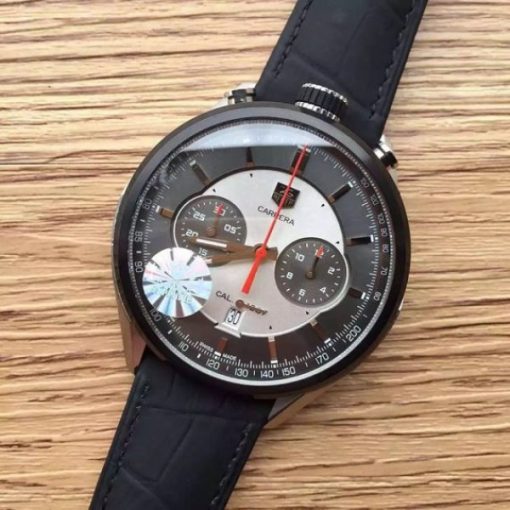 Replica Tag Heuer Carrera 1887 Chrono V6F Gray/Silver Dial Black Leather Strap CAL1887 - Image 2