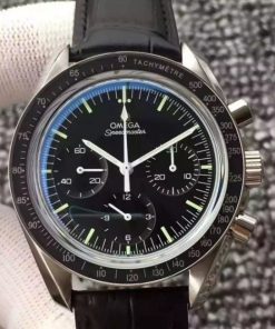 Replica Omega Speedmaster MoonWatch NASA SS Black Dial Leather Strap Manual Winding