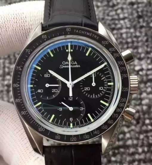 Replica Omega Speedmaster MoonWatch NASA SS Black Dial Leather Strap Manual Winding