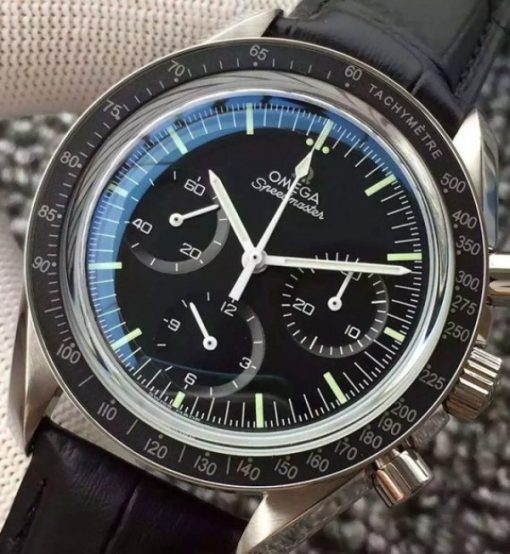 Replica Omega Speedmaster MoonWatch NASA SS Black Dial Leather Strap Manual Winding - Image 3