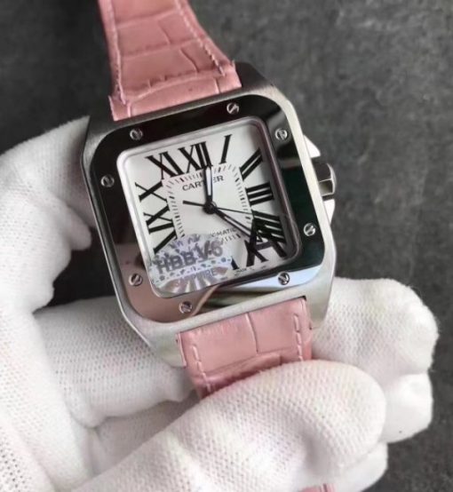 Replica Cartier Santos 100 33mm SS White Dial Pink Leather Strap SEIKO NH05A - Image 2