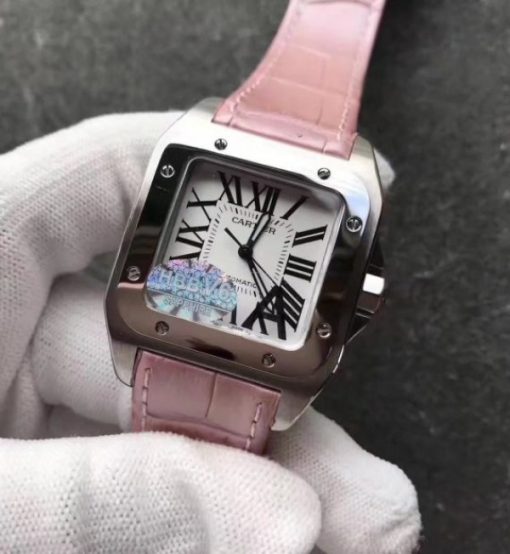 Replica Cartier Santos 100 33mm SS White Dial Pink Leather Strap SEIKO NH05A - Image 5