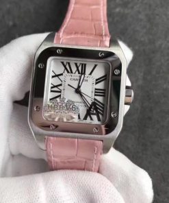 Replica Cartier Santos 100 33mm SS White Dial Pink Leather Strap SEIKO NH05A