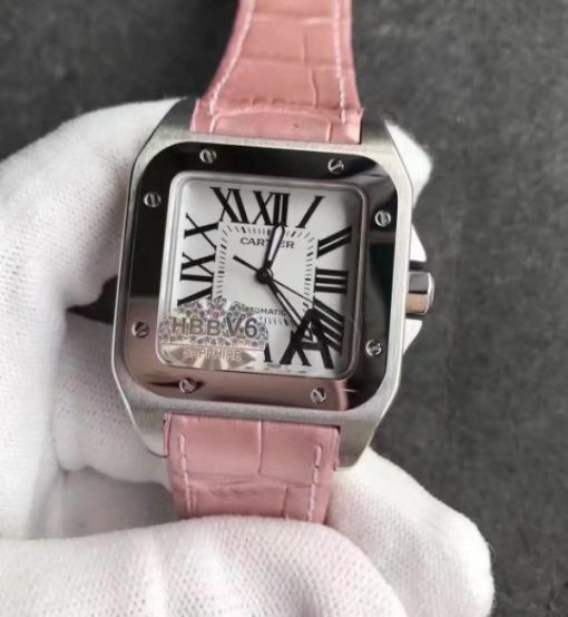 Replica Cartier Santos 100 33mm SS White Dial Pink Leather Strap SEIKO NH05A