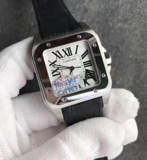 Replica Cartier Santos 100 33mm SS White Dial Black Leather Strap SEIKO NH05A - Image 2