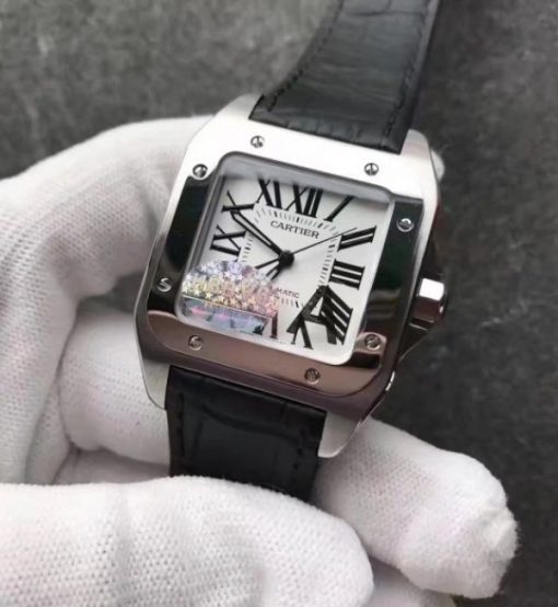 Replica Cartier Santos 100 33mm SS White Dial Black Leather Strap SEIKO NH05A - Image 5