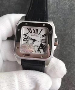 Replica Cartier Santos 100 33mm SS White Dial Black Leather Strap SEIKO NH05A