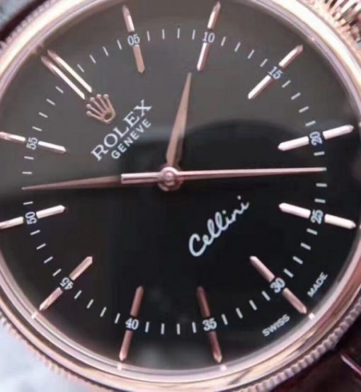 Replica Rolex MK Cellini Time 50505 Black Dial RG Leather Strap A3165 - Image 8