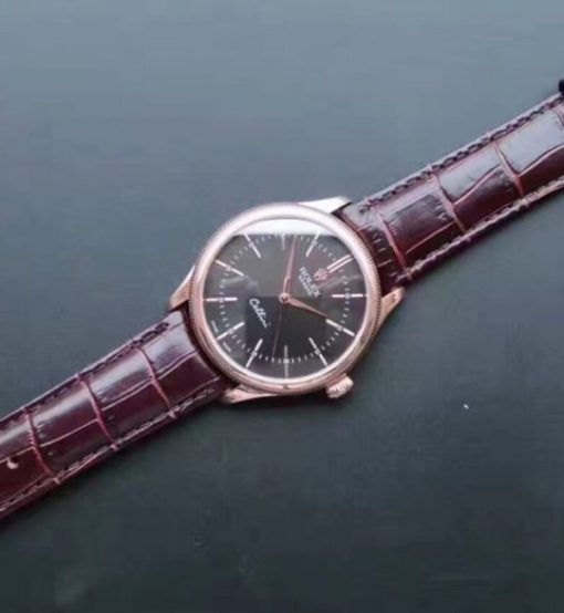 Replica Rolex MK Cellini Time 50505 Black Dial RG Leather Strap A3165 - Image 3
