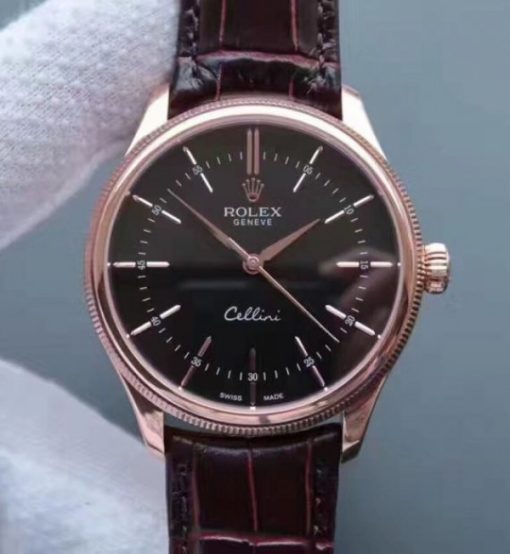 Replica Rolex MK Cellini Time 50505 Black Dial RG Leather Strap A3165