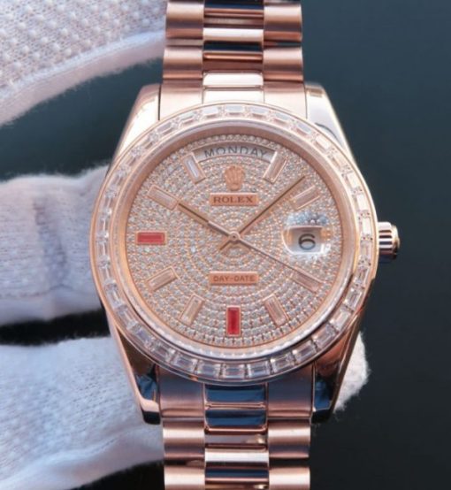 Replica Rolex Noob Day-Date 218399 RG Full Diamonds A3255