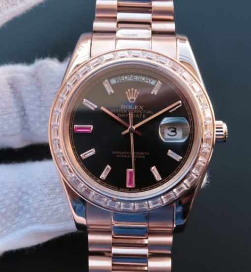 Replica Rolex Noob Day-Date 218399 RG Black Dial Bracelet A3255