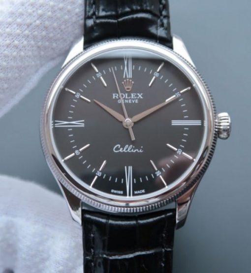 Replica Rolex MK Cellini Time 50509 Black Dial Leather Strap A3165