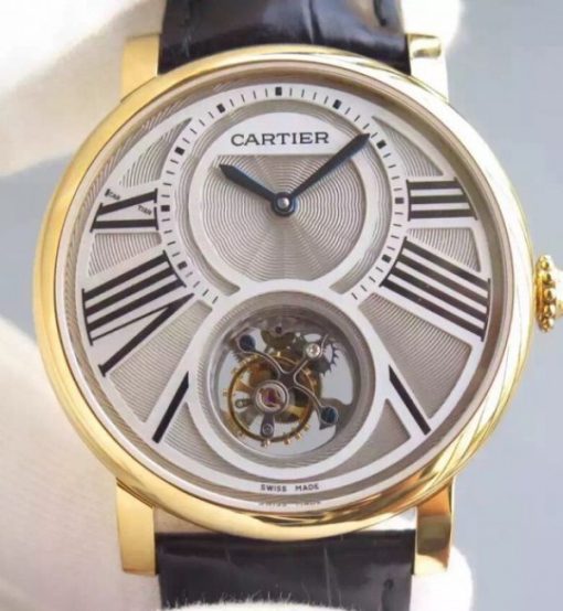 Replica Cartier Rotonde De Cartier Tourbillon YG Leather Strap