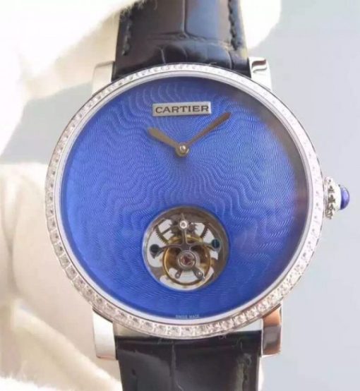 Replica Cartier Rotonde De Cartier Tourbillon Diamonds Bezel Blue Dial