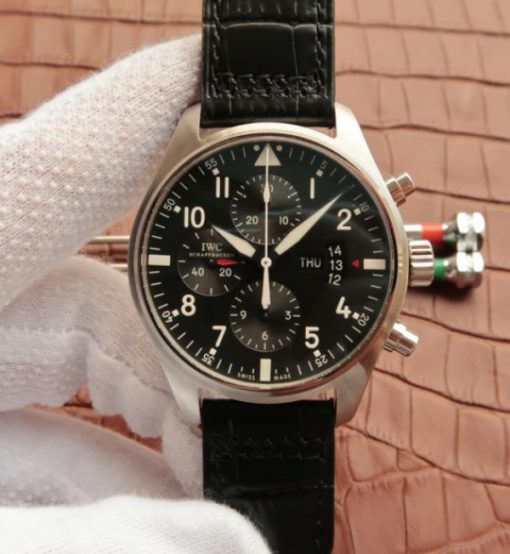 Replica IWC Pilot  Chrono IW377701 Black Dial Leather Strap