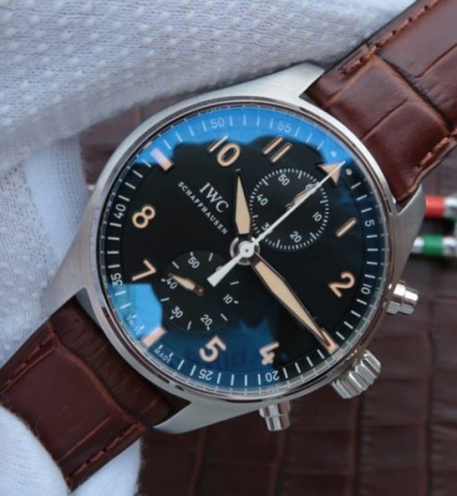 Replica IWC ZF Pilot Chrono SS IW387808 Black Dial Leather Strap - Image 2