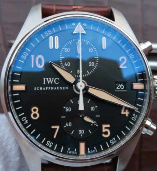 Replica IWC ZF Pilot Chrono SS IW387808 Black Dial Leather Strap - Image 3