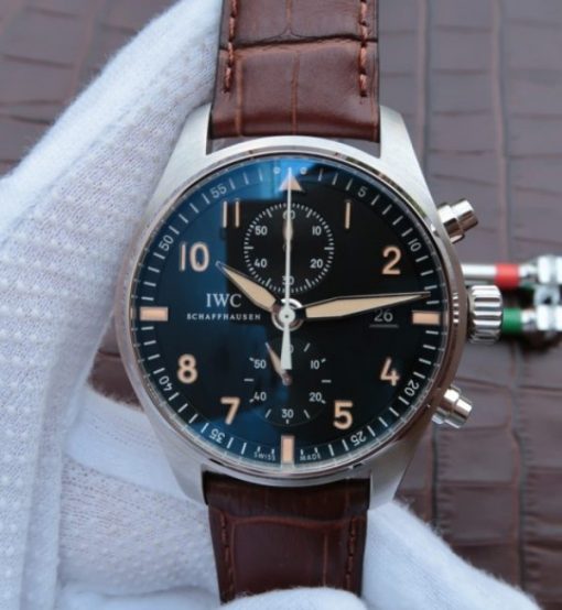 Replica IWC ZF Pilot Chrono SS IW387808 Black Dial Leather Strap