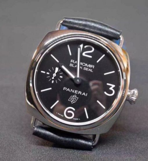 Replica Panerai PAM380 Black Dial Genuine Black Leather Strap A6497