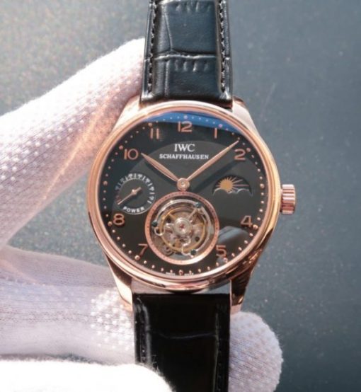 Replica IWC Portuguese Tourbillon Power Reserve RG Moonphase Black Dial