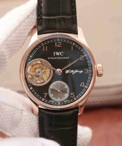 Replica IWC AZ Portuguese Flying Tourbillon SS Black Dial Leather Strap