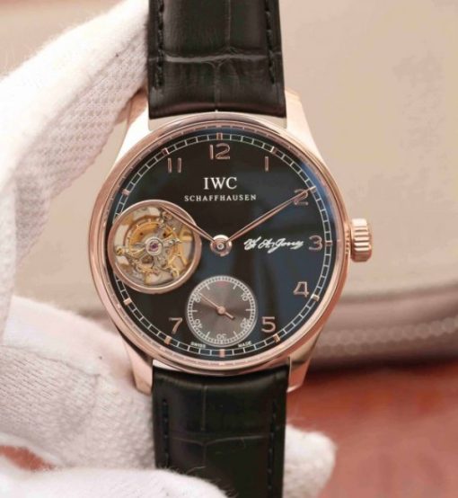 Replica IWC AZ Portuguese Flying Tourbillon SS Black Dial Leather Strap
