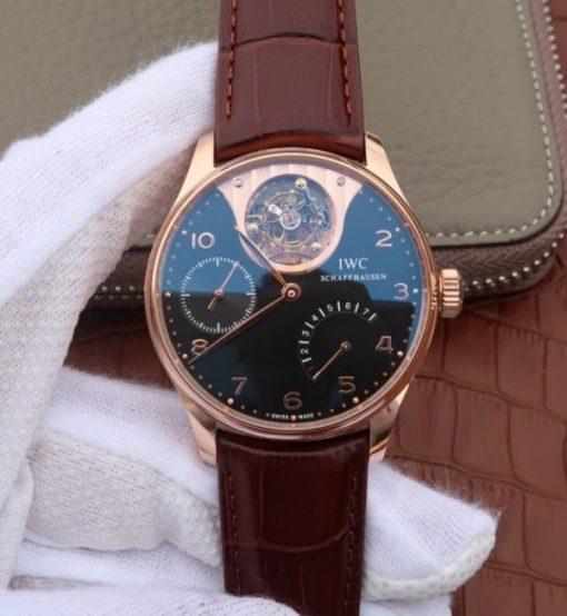 Replica IWC AZ Portuguese Tourbillon IW5042 RG Black Dial Leather Strap
