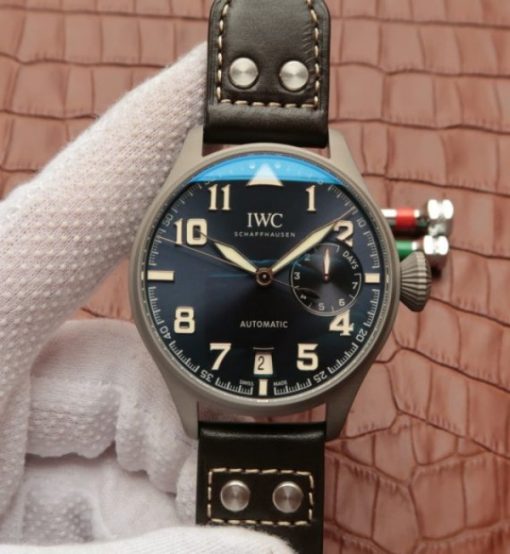 Replica IWC Big Pilot Custom Made Sandblasted Case Blue Dial Leather Strap