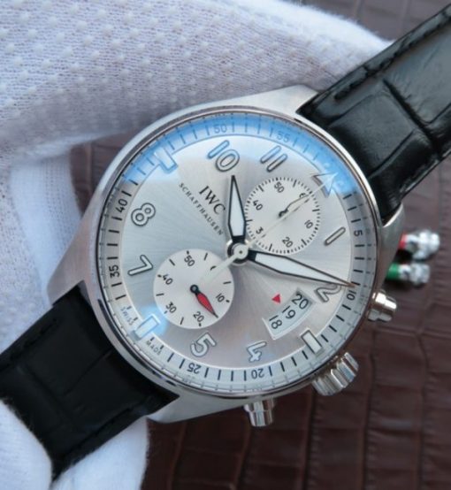 Replica IWC ZF Pilot Chrono IW387809 Silver Dial Leather Strap A7750 - Image 2