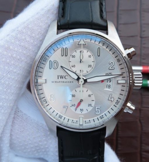 Replica IWC ZF Pilot Chrono IW387809 Silver Dial Leather Strap A7750