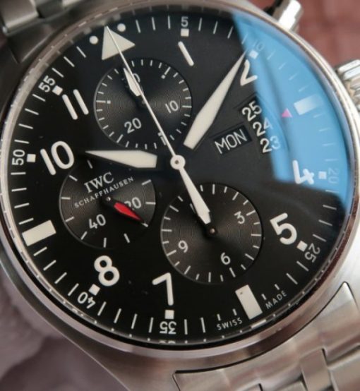 Replica IWC V6 Pilot Chrono IW377704 Black Dial SS Bracelet A7750 - Image 3