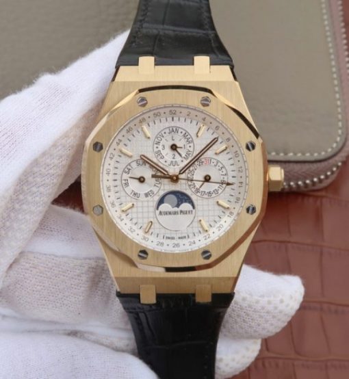 Replica Audemars Piguet JF Royal Oak 41mm 26574 YG White Dial Leather Strap A5134