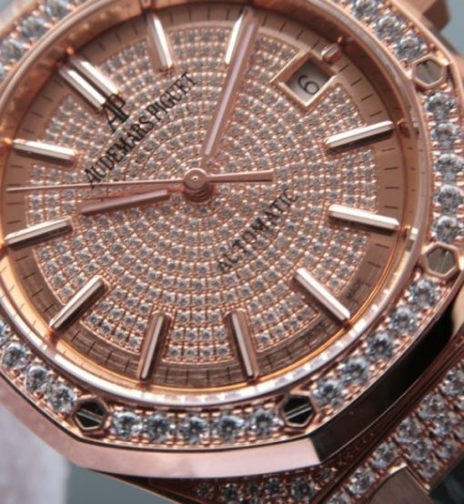 Replica Audemars Piguet JF Royal Oak 37mm 15452 RG Full Paved Diamonds Leather Strap A3120 - Image 2