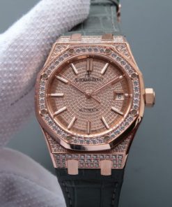 Replica Audemars Piguet JF Royal Oak 37mm 15452 RG Full Paved Diamonds Leather Strap A3120