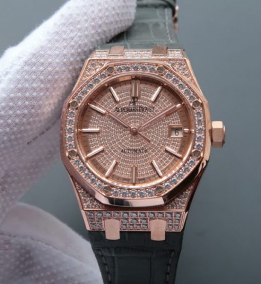 Replica Audemars Piguet JF Royal Oak 37mm 15452 RG Full Paved Diamonds Leather Strap A3120
