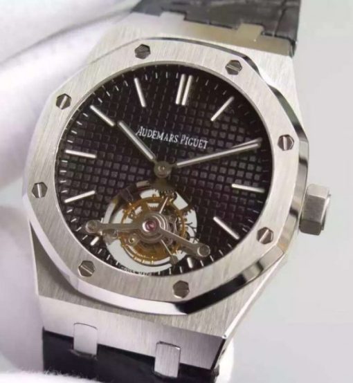 Replica Audemars Piguet TF Royal Oak 41mm Tourbillon SS Black Dial Black Leather Strap - Image 2