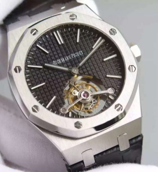Replica Audemars Piguet TF Royal Oak 41mm Tourbillon SS Black Dial Black Leather Strap - Image 4