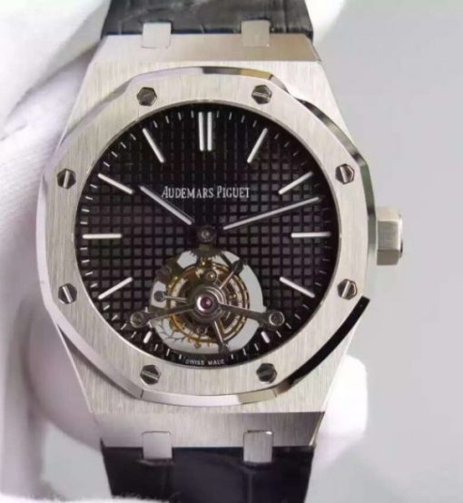 Replica Audemars Piguet TF Royal Oak 41mm Tourbillon SS Black Dial Black Leather Strap