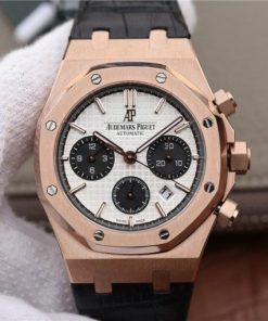 Replica Audemars Piguet Royal Oak Chronograph 26331 RG White Dial Leather Strap A7750