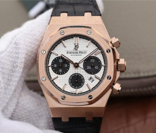 Replica Audemars Piguet Royal Oak Chronograph 26331 RG White Dial Leather Strap A7750