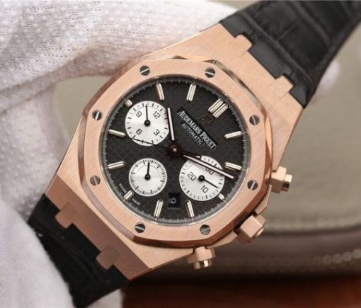 Replica Audemars Piguet Royal Oak Chronograph 26331 RG Black Dial Leather Strap A7750 - Image 2