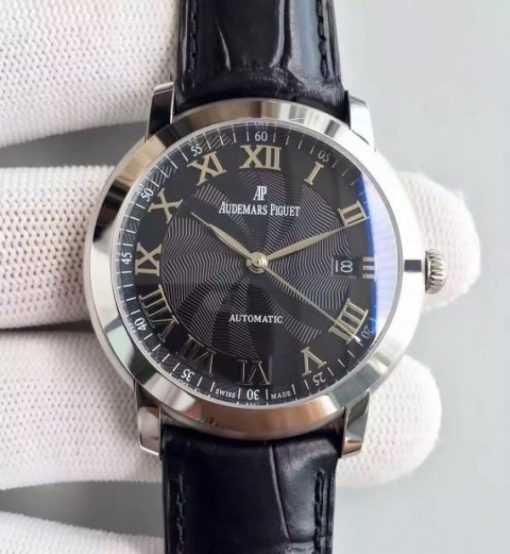 Replica Audemars Piguet Jules Audemars 15170 Roman numerals SS Black Dial Leather Strap A3120