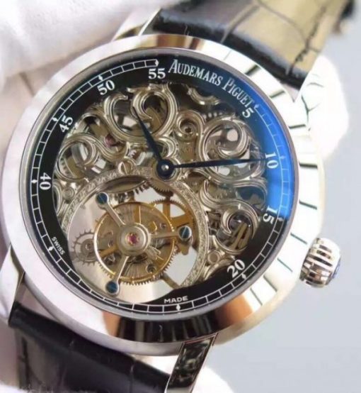 Replica Audemars Piguet Jules Audemars Skeleton Tourbillon SS Black Dial Leather Strap - Image 2