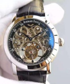 Replica Audemars Piguet Jules Audemars Skeleton Tourbillon SS Black Dial Leather Strap