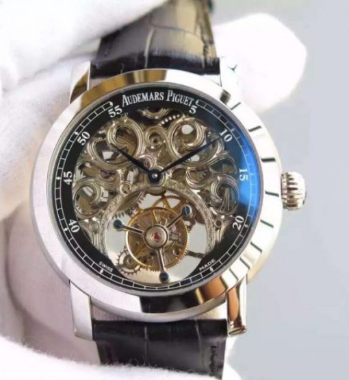 Replica Audemars Piguet Jules Audemars Skeleton Tourbillon SS Black Dial Leather Strap