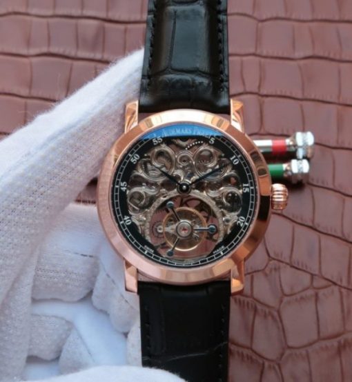 Replica Audemars Piguet Jules Audemars Skeleton Tourbillon RG Dial Leather Strap